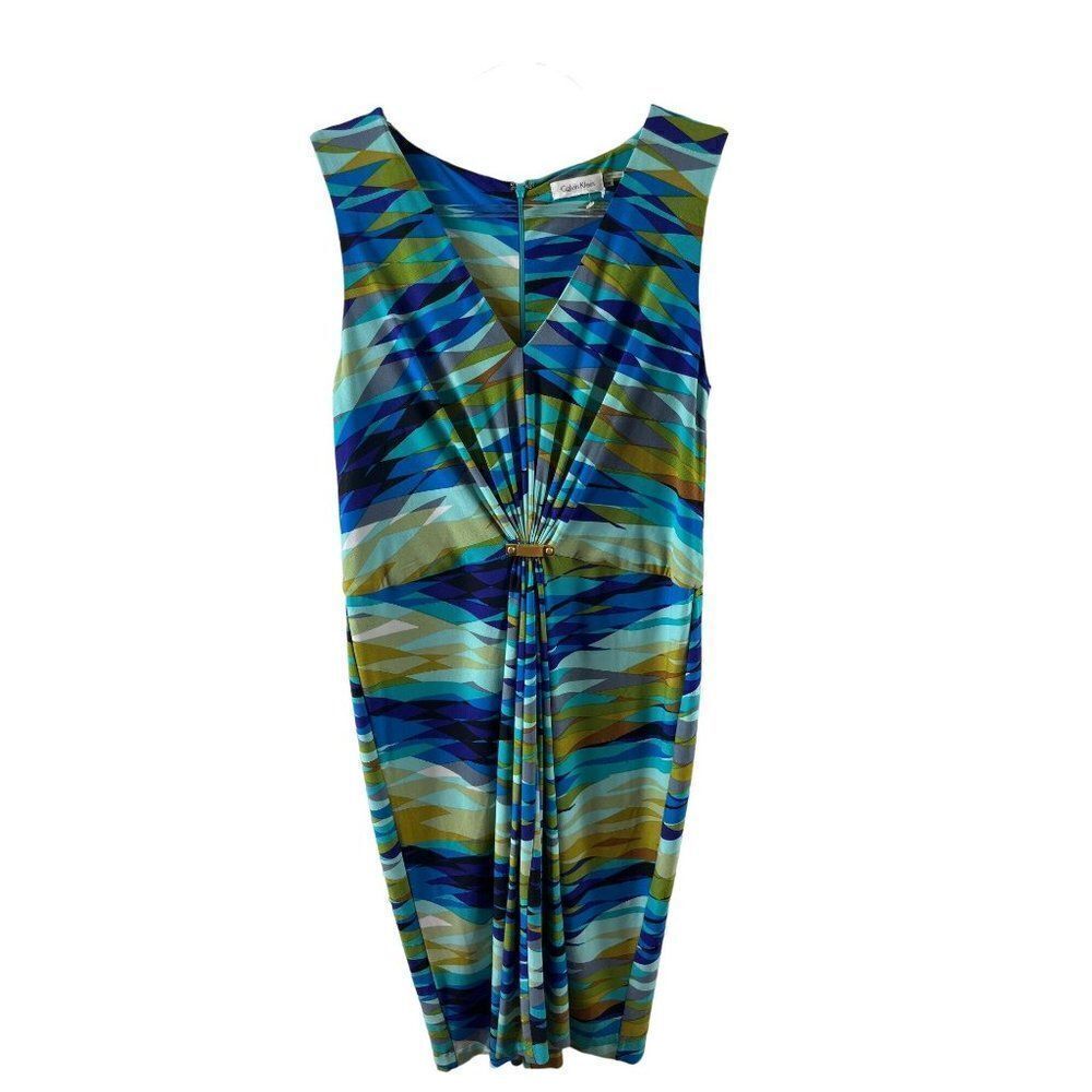 Calvin Klein Abstract Print Gathered Waist Sleeveless Sheath Dress Size 14